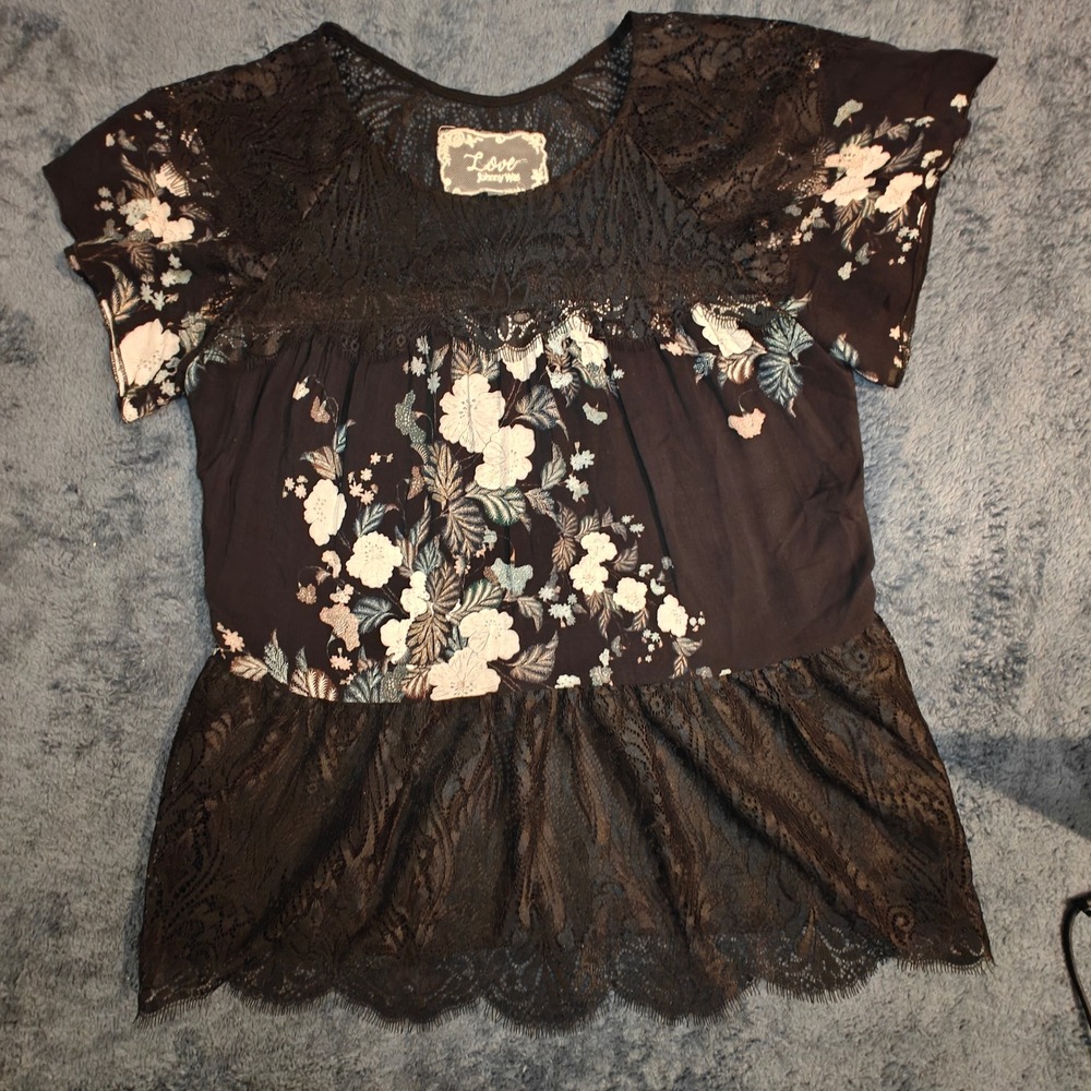 Johnny Was Love Collection Floral Lace Peplum Top Black XS Boho Short Sleeve